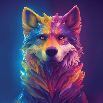 colorful dog or wolf head with creative abstract elements and paint splashes on colorful background