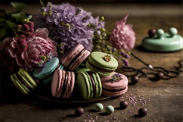 Obraz na płótnie Canvas a plate of macaroons and flowers on a table with a spoon and spoon rest nearby on the table.