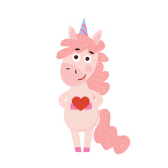 Cute happy cartoon Unicorn hold red Heart on a white background