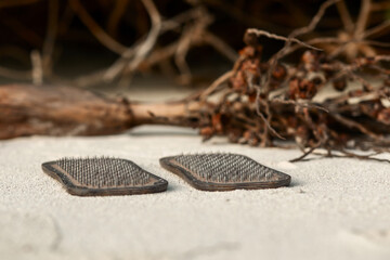 sadhu boards stand on a sandy beach, the concept of yoga practice, meditation. selective focus