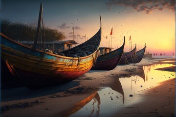 a painting of a beach with several boats docked at the shore and a sunset in the background with birds flying overhead.