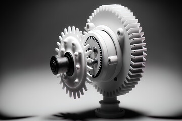 White backdrop and direct current electric motor with a white gear linked to its shaft. Generative AI