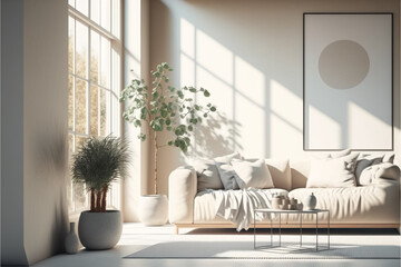 interior background, livingroom in light pastel colors, Scandi-Boho style. Generative AI