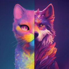 colorful dog and cat head with creative abstract elements and paint splashes on colorful background