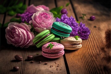 Obraz na płótnie Canvas a bunch of macaroons and flowers on a wooden table with a pink flower in the background and a purple flower in the foreground.
