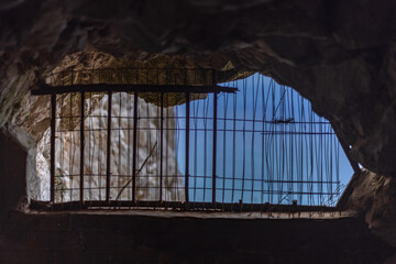 View from inside the fortress of the top of The Rock of Gibraltar, Great Siege Tunnels, Military heritage. Gibraltar, UK                                                 