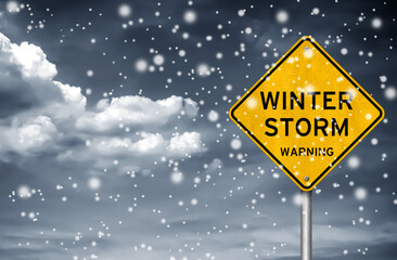 Winter Storm warning - road sign information - obrazy, fototapety, plakaty