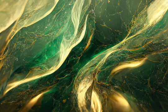 Green and gold marble texture. Luxury abstract fluid art paint wallpaper. AI