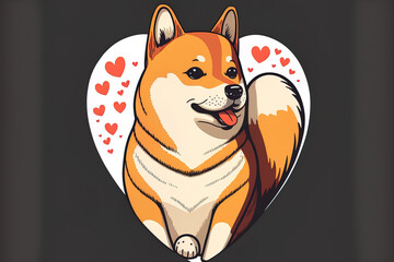 Cute shiba inu dog with a hand drawn emblem of a love heart. animal nature symbol design, in a flat cartoon style, solitary. Generative AI