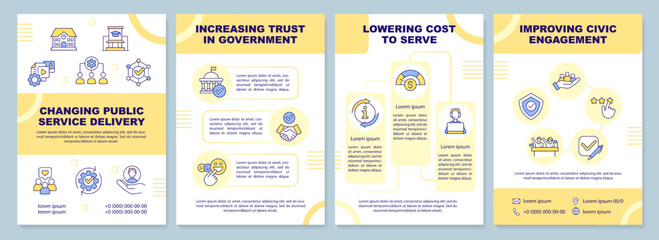 Changing public service delivery brochure template. Leaflet design with linear icons. Editable 4 vector layouts for presentation, annual reports. Arial-Black, Myriad Pro-Regular fonts used