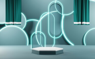 3D render of Podium background in blue tones for displaying cream products. cosmetics