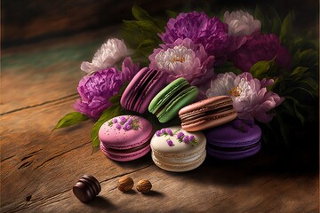 a painting of a bouquet of flowers and macaroons on a table with a chocolate egg and macaroons.