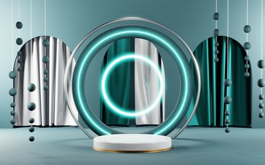 3D render of Podium background in blue tones for displaying cream products. cosmetics