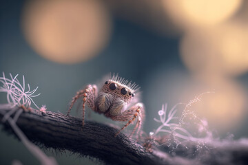 A spider on a twig is shown in close up with the backdrop blurred. Generative AI