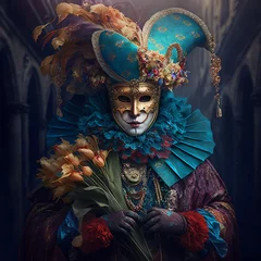 Tuinposter Person with a typical mask of the Venetian carnival. Venice carnival concept. Generative AI. © DALU11