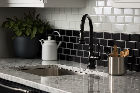 Detail image of a kitchen sink with black faucet, little black marble subway tile backsplash, and white cabinetry. Generative AI