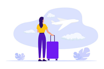 Woman traveller at airport departure area waiting for flight. Concept of business travel or tourism, work in trip. Vector illustration of business journey. Airplane behind window