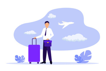 Businessman traveller at airport departure area waiting for flight. Concept of business travel or tourism, work in trip. Vector illustration of business journey. Airplane behind window - obrazy, fototapety, plakaty