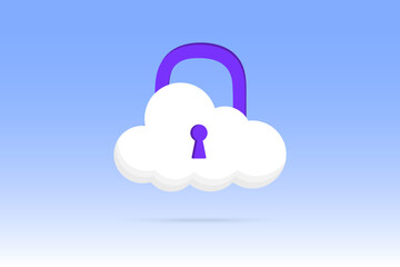 White cloud and locked padlock. Concept of cloud data protection, security and confidentiality. Password protected icon for mobile applications and website concept. Vector illustration