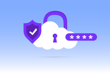 White cloud and locked padlock. Concept of cloud data protection, security and confidentiality. Password protected icon for mobile applications and website concept. Vector illustration
