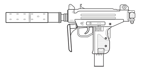 Vector illustration of the MICRO UZI israel machine gun with folded stock and silencer on the white background. Left side. - obrazy, fototapety, plakaty