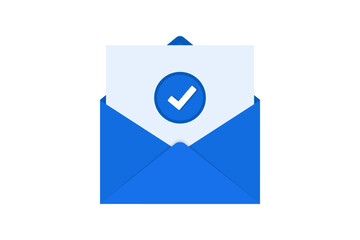 Envelope with approved letter. Opened envelope and document with blue tick icon. Confirmation email. Vector illustration