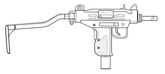 Vector illustration of the MICRO UZI israel machine gun with unfolded stock on the white background. Right side. - obrazy, fototapety, plakaty
