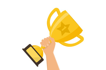 Winner prize goblet. First place champion trophy reward. Hand holding gold trophy cup. Success and business achievements concept with award cup. Vector illustration