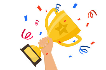 Winner prize goblet. First place champion trophy reward. Hand holding gold trophy cup. Success and business achievements concept with award cup and confetti. Vector illustration - obrazy, fototapety, plakaty