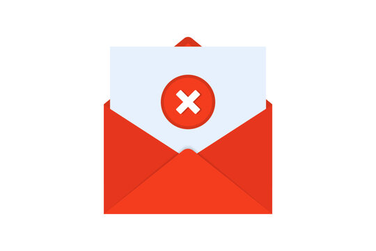 Envelope with rejected letter. Opened envelope and document with tick red cross icon. Rejection email. Vector illustration