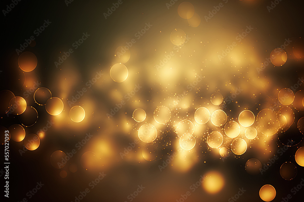 Poster spotlights that are blurred and sparkling with bokeh on a backdrop of gold. generative ai
