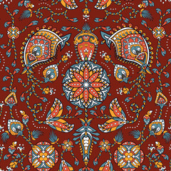 Floral paisley seamless pattern in oriental style. Stylized flower and leaves textile inspired by Turkish or Persian tradition. Mehendi or henna folk ethnic print