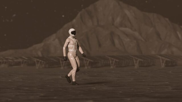 Astronaut Walking On The Moon With Solar Panel Land, 3D Animation.