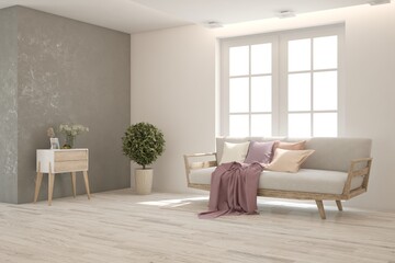 White living room with sofa. Scandinavian interior design. 3D illustration