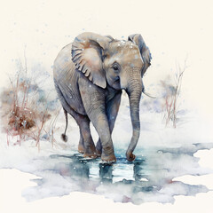 elephant in snow. watercolor illustration. Generative AI
