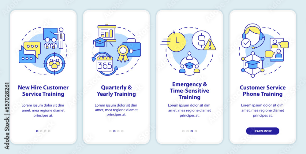 Poster customer service training types onboarding mobile app screen. business walkthrough 4 steps editable 