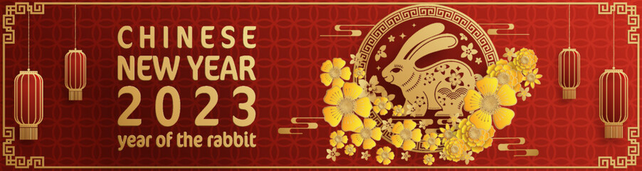 Happy chinese new year 2023 year of the rabbit zodiac with on color Background. (Translation : Happy new year).