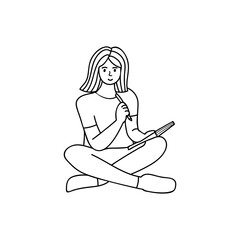 Woman sitting on floor holding pencil in one hand and notebook in another hand doodle illustration in vector. Thinking girl sitting and holding pen and notebook hand drawn icon in vector.