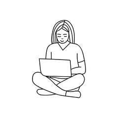 Woman sitting on floor and working on computer doodle illustration in vector. Young girl sitting on floor and working on laptop hand drawn icon in vector.