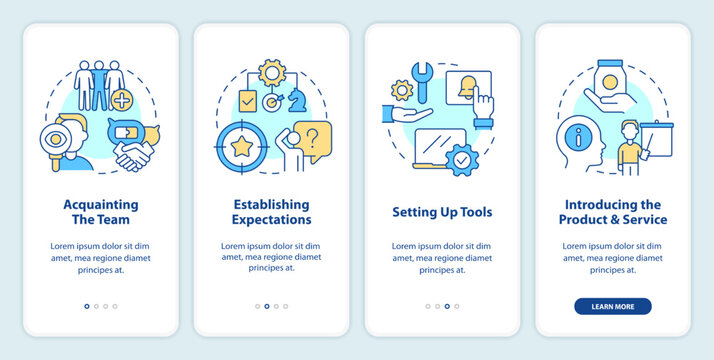 New hire customer service training steps onboarding mobile app screen. Walkthrough 4 steps editable graphic instructions with linear concepts. UI, UX, GUI template. Myriad Pro-Bold, Regular fonts used
