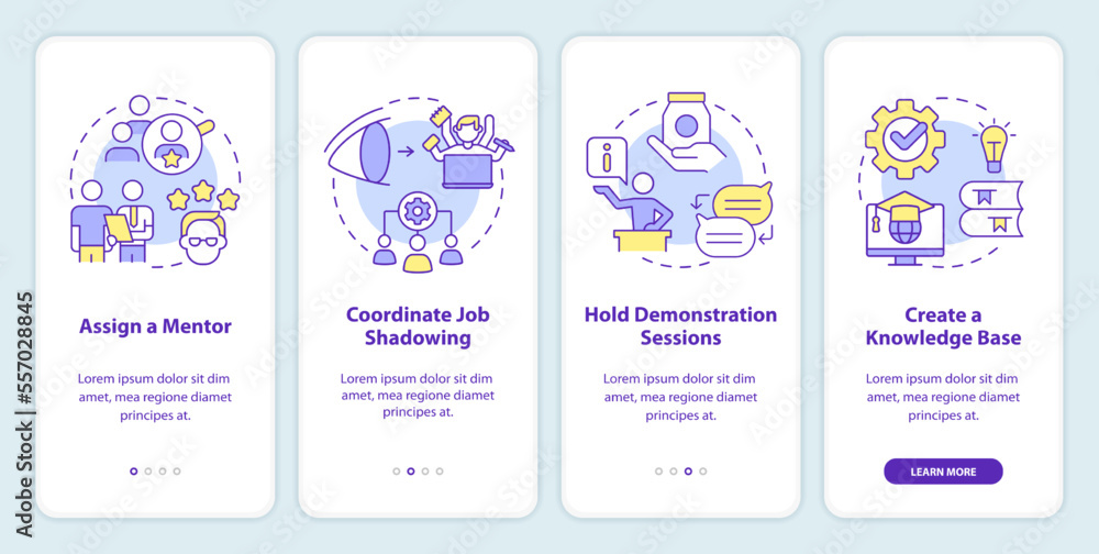 Poster product feature and application training onboarding mobile app screen. walkthrough 4 steps editable 