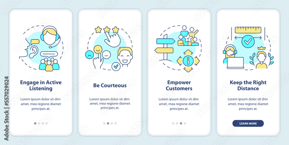 Poster call center customer service work onboarding mobile app screen. walkthrough 4 steps editable graphic