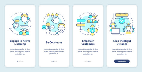 Call center customer service work onboarding mobile app screen. Walkthrough 4 steps editable graphic instructions with linear concepts. UI, UX, GUI template. Myriad Pro-Bold, Regular fonts used