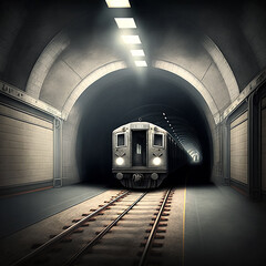 Subway running through the tunnel. Generative AI.