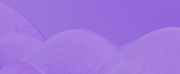 Purple techno wavy hills background. Futuristic digital spheres hills with 3d render cyber grid. Abstract network waves banner for creative presentation