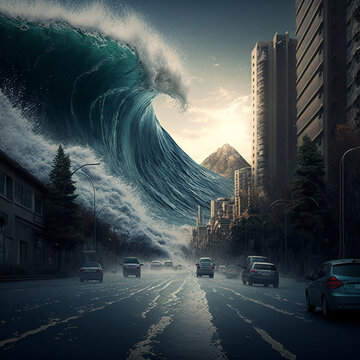 Image of a tsunami in a city. Generative AI.