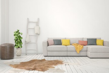White living room with sofa. Scandinavian interior design. 3D illustration