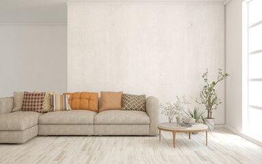 White living room with sofa. Scandinavian interior design. 3D illustration