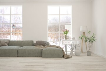 White living room with sofa and winter landscape in window. Scandinavian interior design. 3D illustration