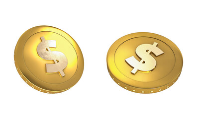 3d illustration of gold coin in different angles. American dollar